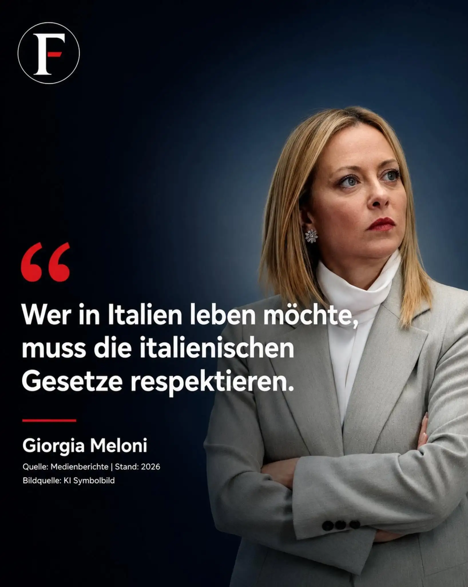 Sharepic mit KI-Symbolbild von Giorgia Meloni und dem Zitat über italienische Gesetze