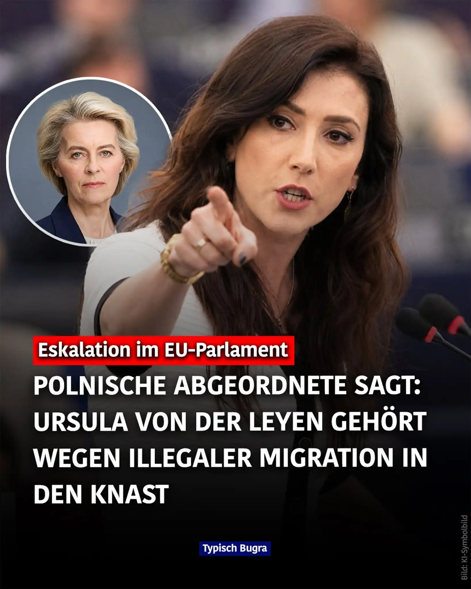 Sharepic mit KI-Symbolbild einer Frau am Rednerpult und Ursula von der Leyen – Aussage zur illegalen Migration