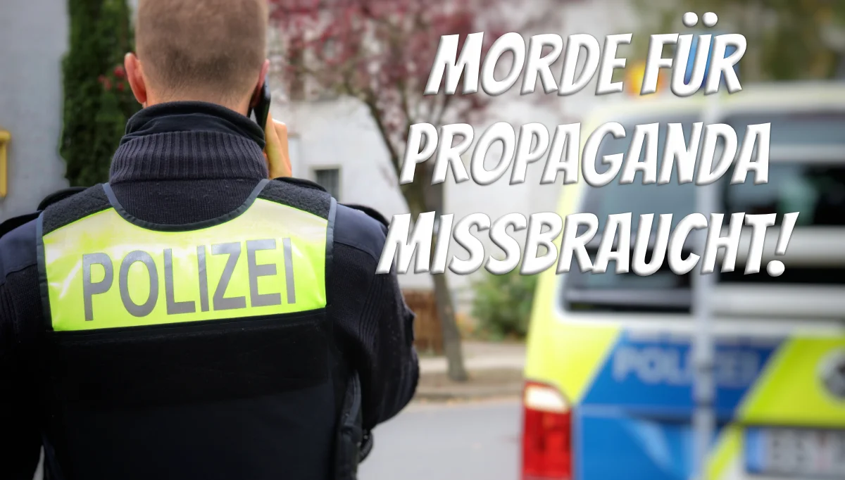 Polizeibeamter von hinten mit Weste "Polizei", Text: Morde für Propaganda missbraucht