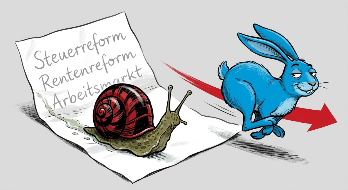 Karikatur: Schwarzrote Schnecke kriecht auf Reformpapier, blauer Hase überholt mit rotem Pfeil