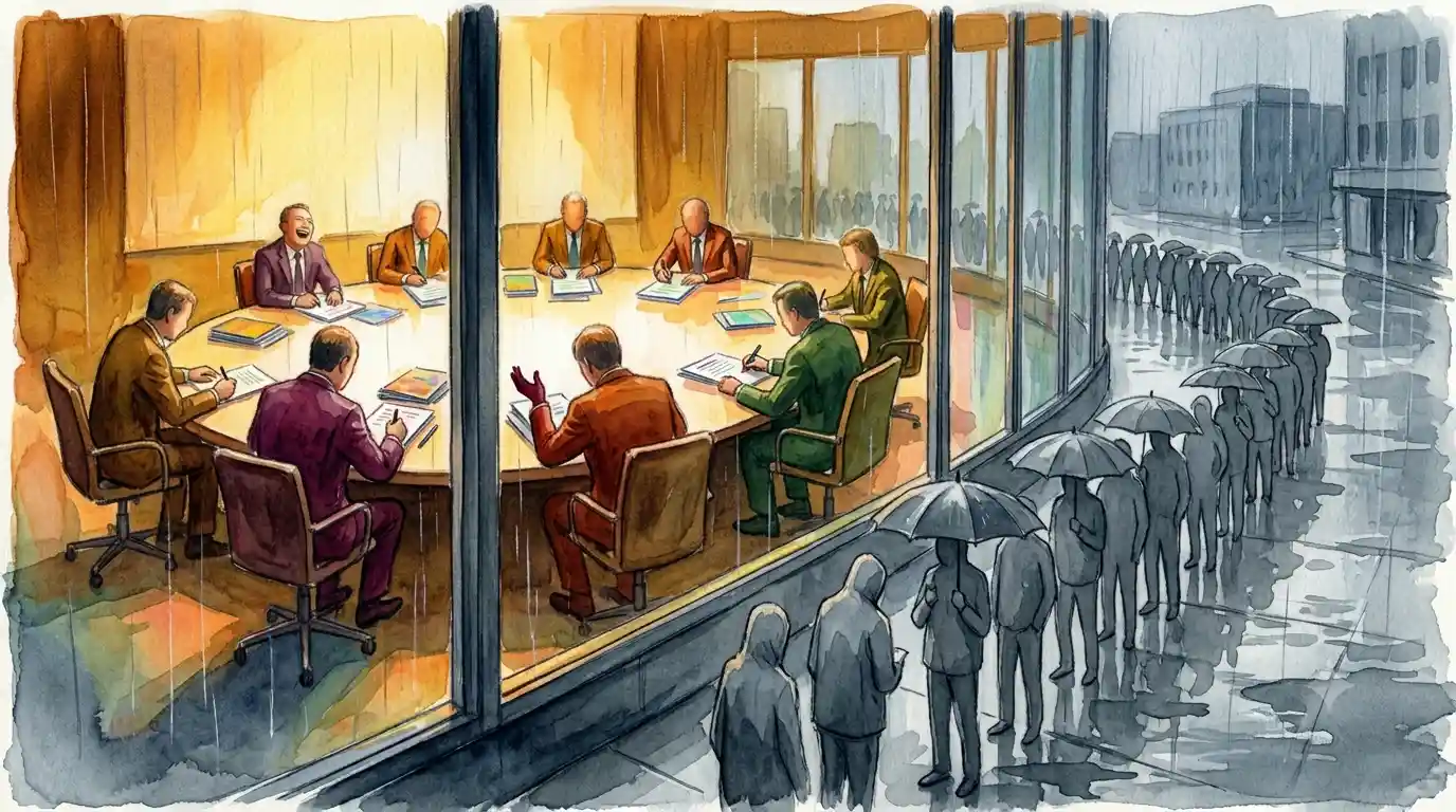 Rentenreform 2026 - Illustration: Bunte Konferenzrunde hinter Glasfenster, draußen graue Menschenmenge im Regen