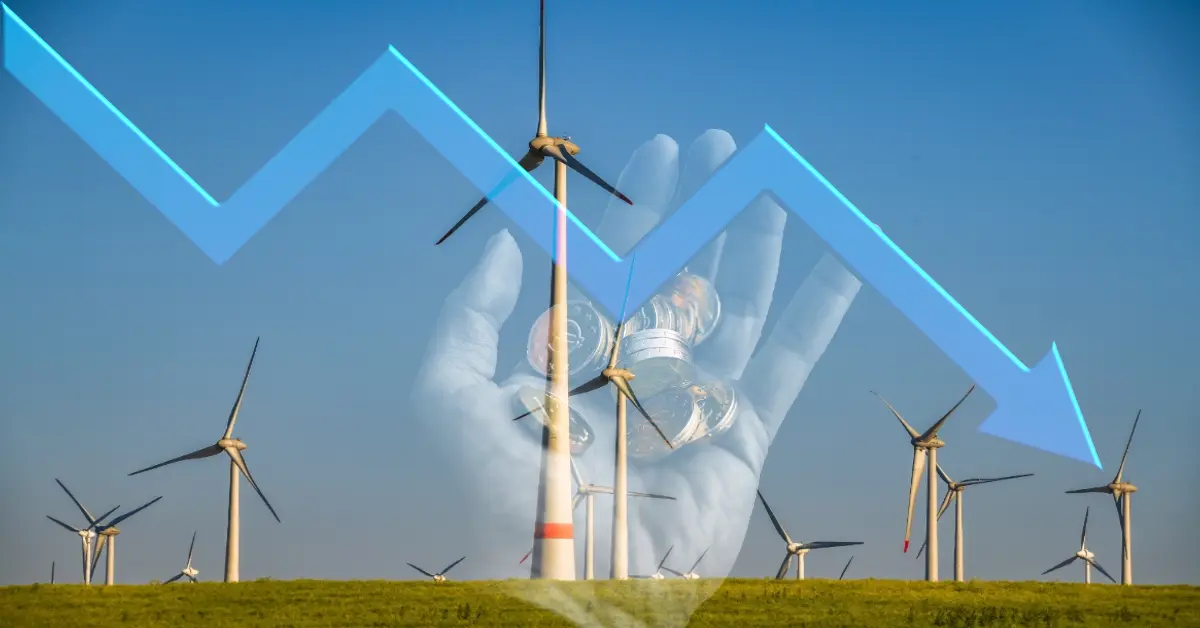 Windräder in der Landschaft mit sinkender Preiskurve und Münzen — Symbol für Negativpreise an der Strombörse