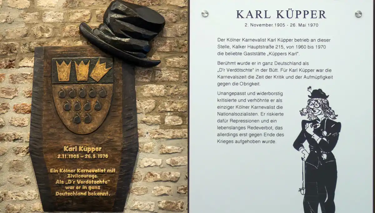 Zwei Gedenktafeln für Karl Küpper – links im Gürzenich Köln, rechts an der Kalker Hauptstraße 215
