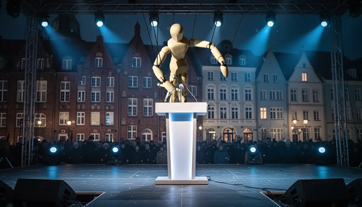 Holzmarionette an einem Rednerpult auf einer Bühne vor norddeutscher Hansearchitektur, politische Wahlkampfatmosphäre