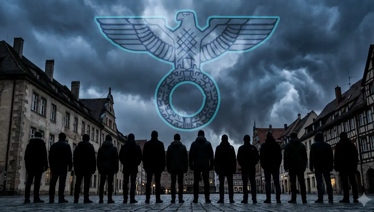 Symbolbild: 14 Silhouetten vor deutscher Altstadt, darüber stilisierter Reichsadler mit Neonkontur – AfD-Bundesvorstand Erfurt 2026