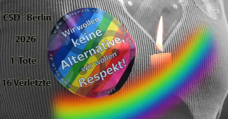 Kerze und Regenbogen-Button „Wir wollen keine Alternative, wir wollen Respekt" – CSD Berlin 2026: 1 Tote, 16 Verletzte