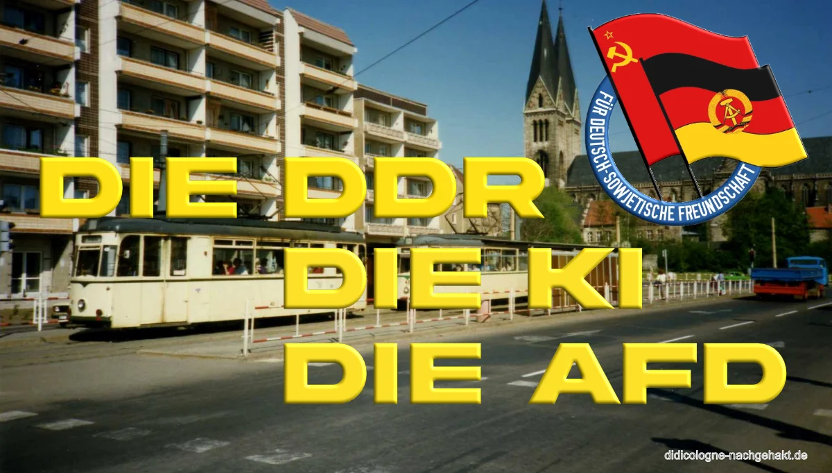 Strassenbahn in Halberstadt, Sachsen-Anhalt, DDR Mai 1990 – Hintergrund fuer Artikel ueber AfD DDR-Nostalgie und KI-Fakes