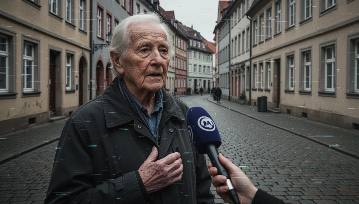 Symbolbild: Älterer Mann wird auf Kopfsteinpflaster-Straße interviewt, digitale Glitch-Streifen sichtbar – KI-generiertes Fake-Video