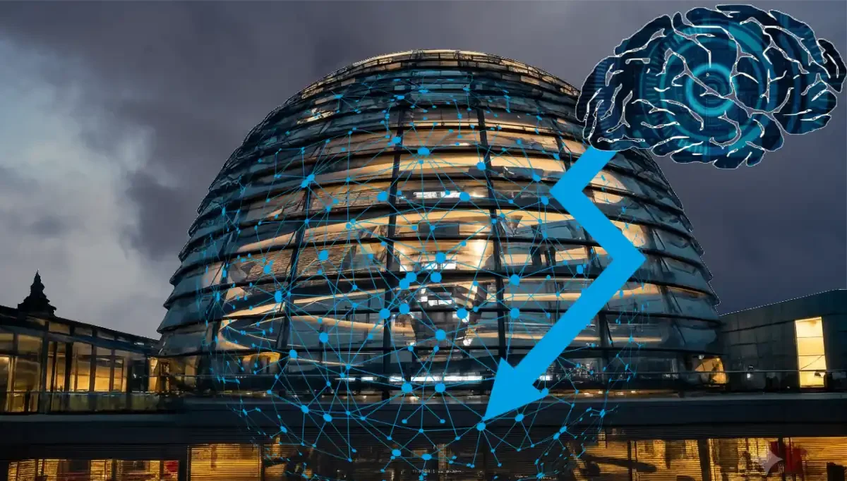 Reichstagskuppel bei Nacht mit KI-Netzwerk-Overlay und neuronalem Gehirn – Symbolbild AfD Dreifronten-Offensive