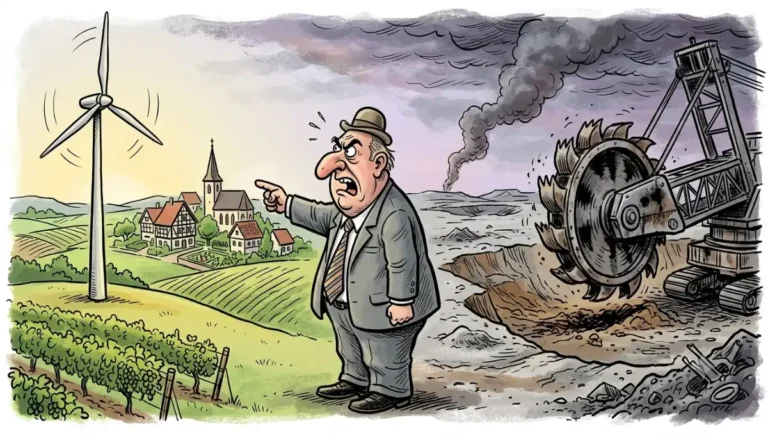 Karikatur: Windrad neben riesigem Braunkohlebagger, AfD-Politiker zeigt auf Windrad als „Naturzerstörung", während hinter ihm Landschaft abgebaggert wird