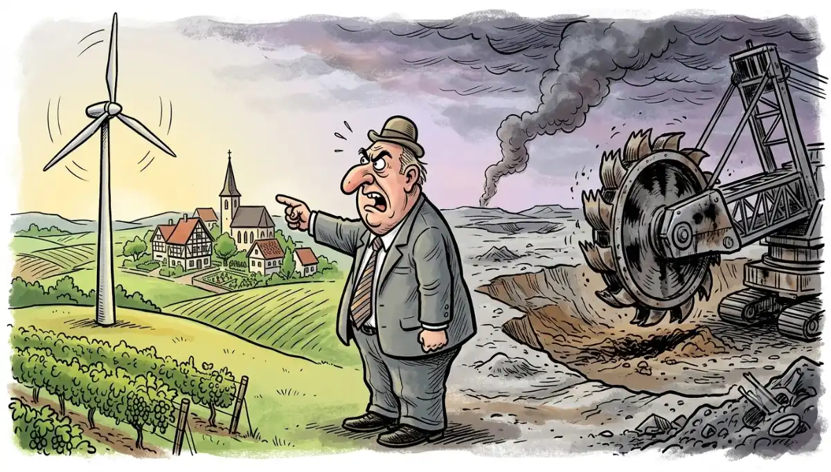 Karikatur: Windrad neben riesigem Braunkohlebagger, AfD-Politiker zeigt auf Windrad als „Naturzerstörung", während hinter ihm Landschaft abgebaggert wird