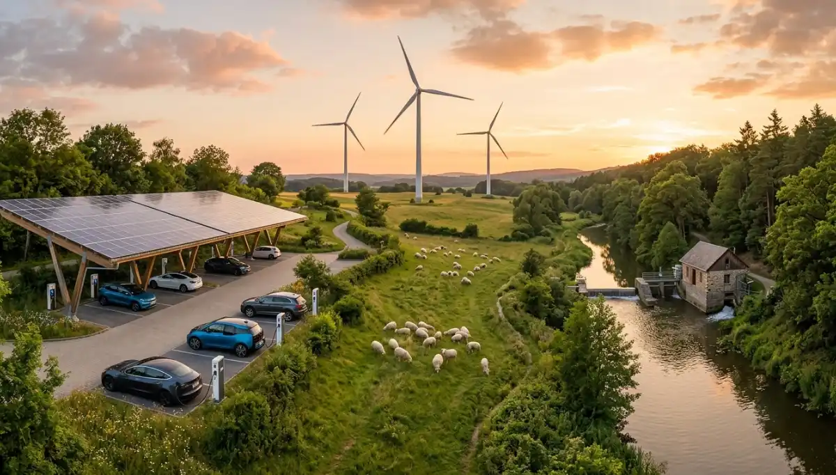 Composite: Solar-Carport über Parkplatz, Windräder auf Wiese mit Schafen, Wasserkraftwerk am Fluss — drei erneuerbare Energiequellen ohne Naturzerstörung