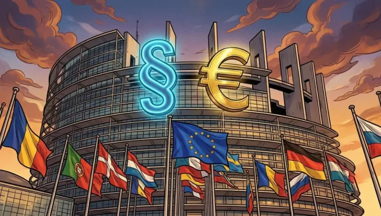 Karikatur des EU-Parlamentsgebäudes in Straßburg mit leuchtendem Paragrafenzeichen und goldenem Euro-Symbol, symbolisch für das Prüfverfahren gegen die AfD-Europapartei ESN