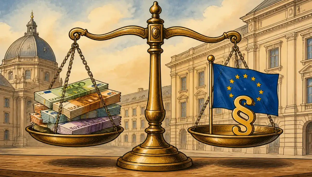 Stilisierte Waage der Justitia: eine Seite Geldscheine, andere Seite EU-Fahne mit Paragrafenzeichen, Symbol für EU-Prüfverfahren