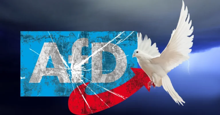 Weißes AfD-Logo mit Sprung und weiße Taube vor dunklem Hintergrund – Symbolbild AfD-Machtkampf NRW
