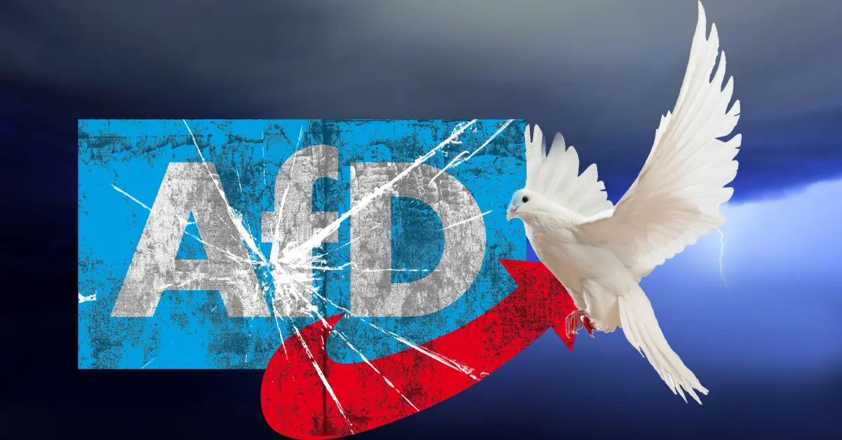 Weißes AfD-Logo mit Sprung und weiße Taube vor dunklem Hintergrund – Symbolbild AfD-Machtkampf NRW