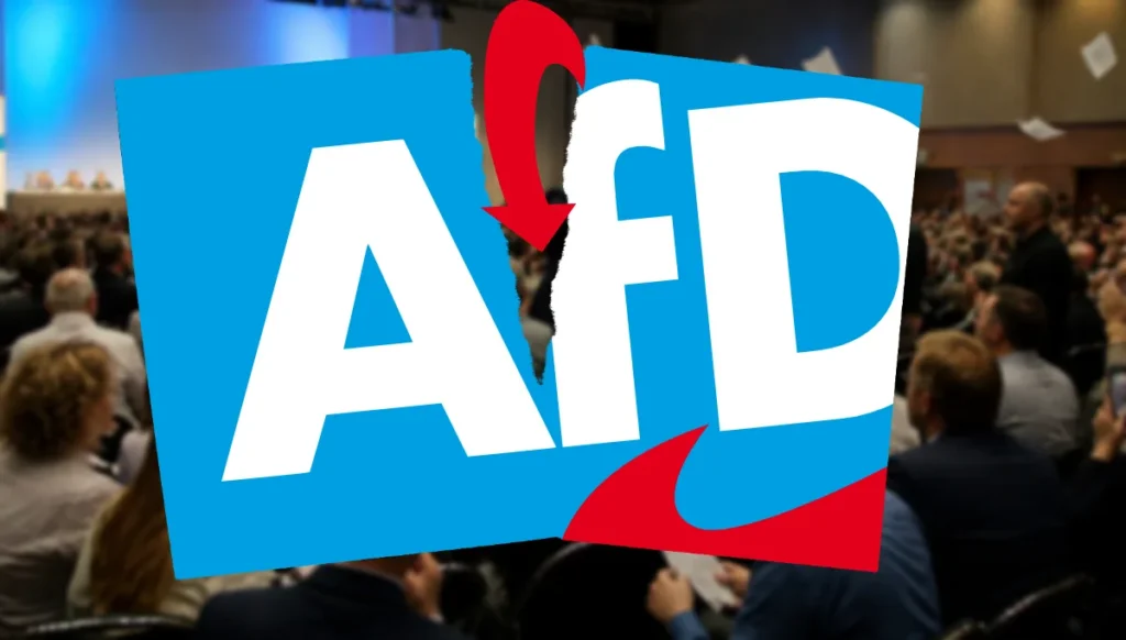 AfD-Logo in zwei Hälften zerrissen vor unscharfem Parteitagshintergrund – Symbolbild für die Spaltung des AfD-NRW-Landesverbands