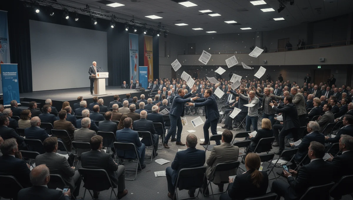Parteitagssaal mit Rednerpult auf der Bühne, im Publikum stehende Männer in Konfrontation, fliegende Unterlagen – Symbolbild Chaos