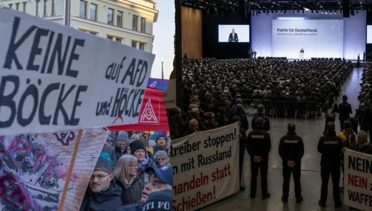 Links Protest gegen AfD und Höcke, rechts Blick in einen Parteitagssaal