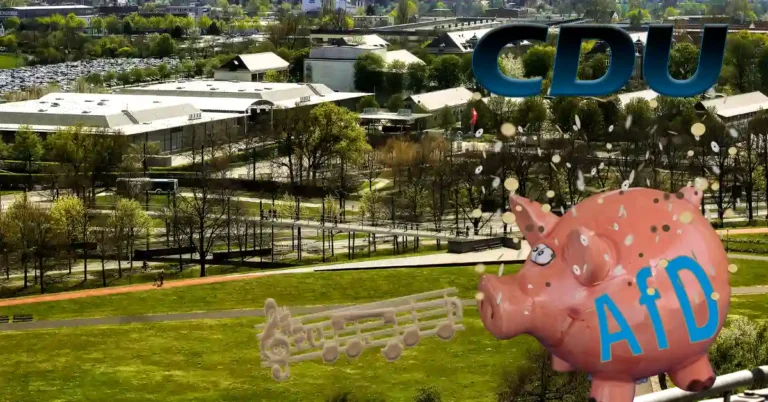 AfD-Sparschwein mit CDU-Logo und Messe Magdeburg im Hintergrund — Symbolbild Wahlkampf Sachsen-Anhalt