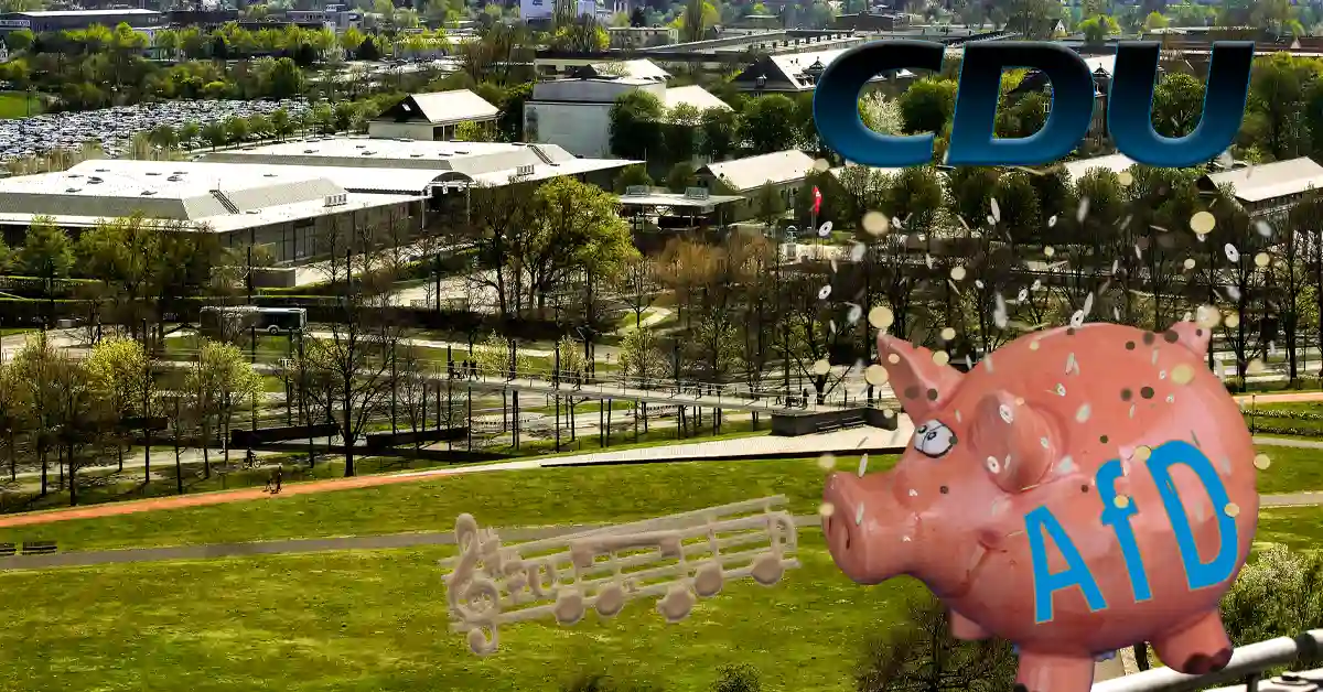 AfD-Sparschwein mit CDU-Logo und Messe Magdeburg im Hintergrund — Symbolbild Wahlkampf Sachsen-Anhalt