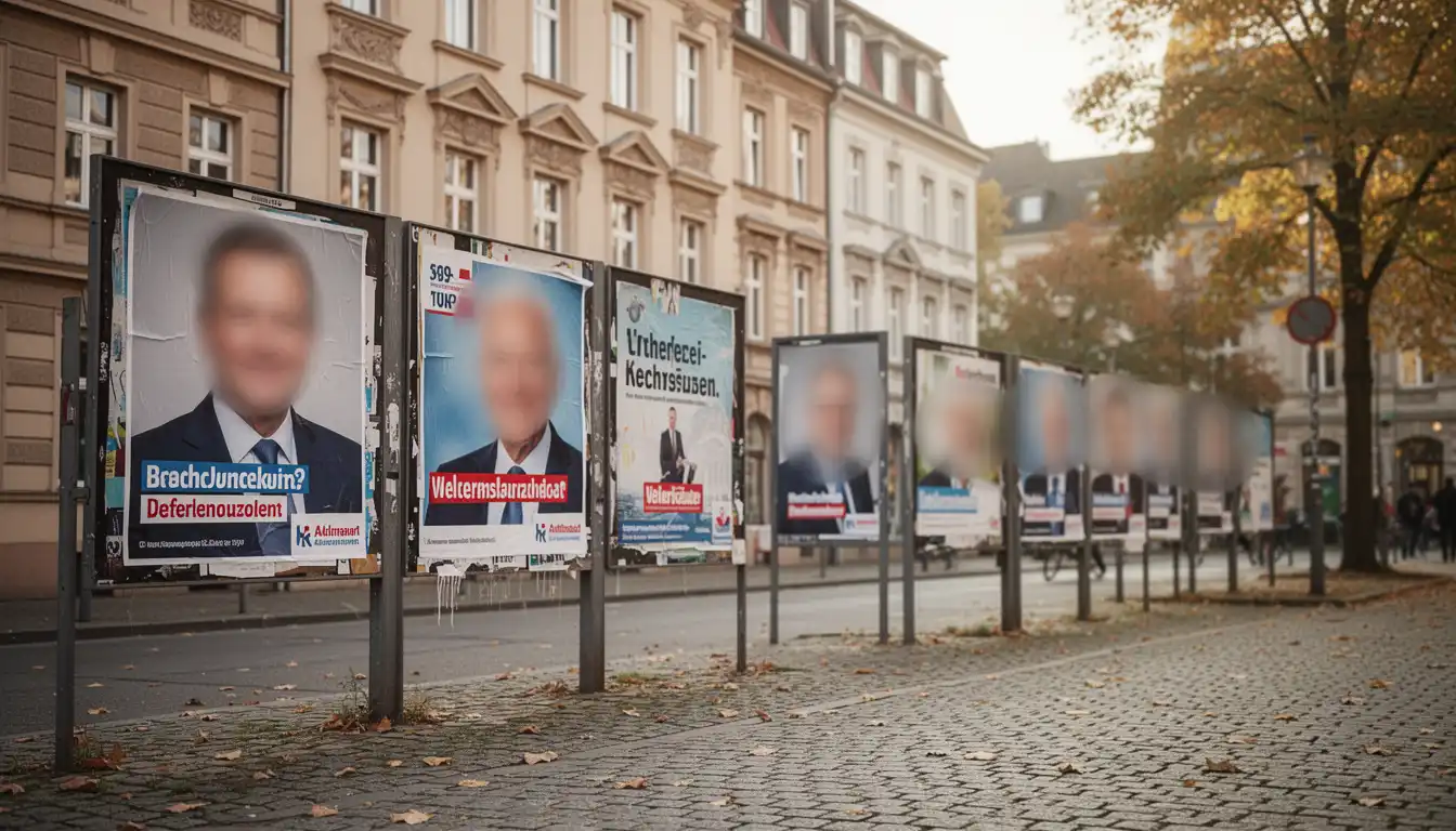 Wahlplakate auf einer deutschen Stadtstraße mit Kopfsteinpflaster, Herbststimmung — Symbolbild Wahlkampf Sachsen-Anhalt 2026