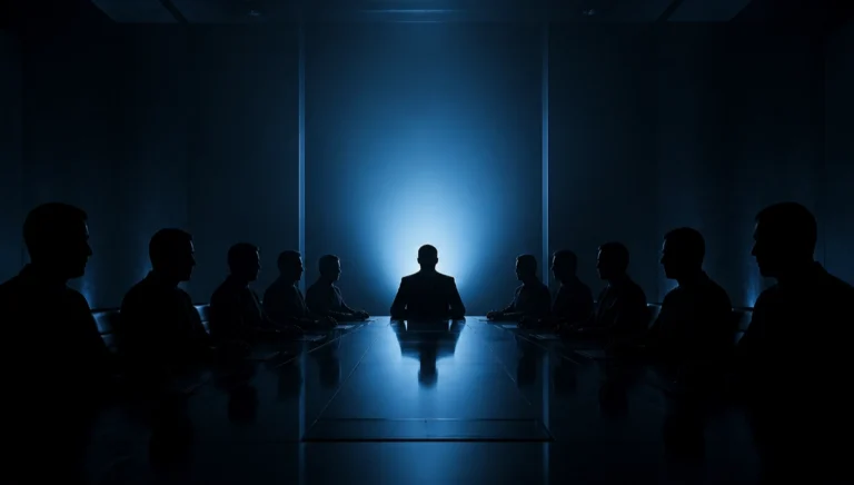 Symbolbild: Dunkler Konferenzraum, Silhouetten an einem Tisch im Gegenlicht