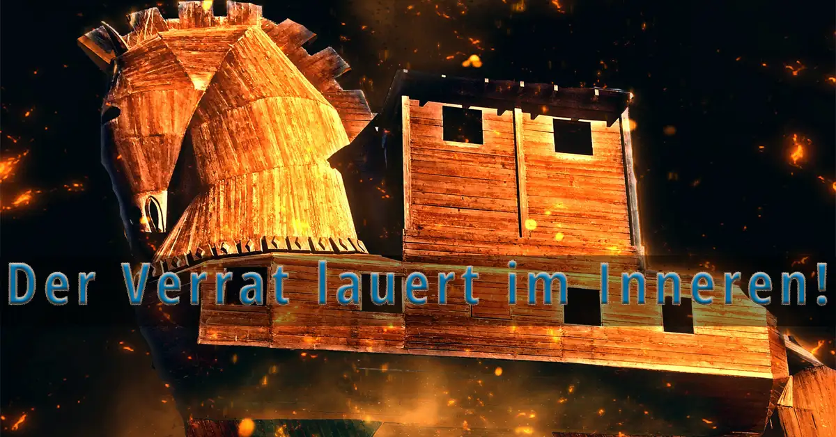 Trojanisches Pferd in Flammen mit Schriftzug Der Verrat lauert im Inneren — Symbolbild zur CDU-Spende an die AfD