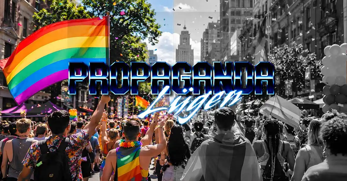 CSD-Parade in Berlin: links farbenfroh, rechts grau — Symbolbild für Propaganda und Verleumdung nach dem Anschlag