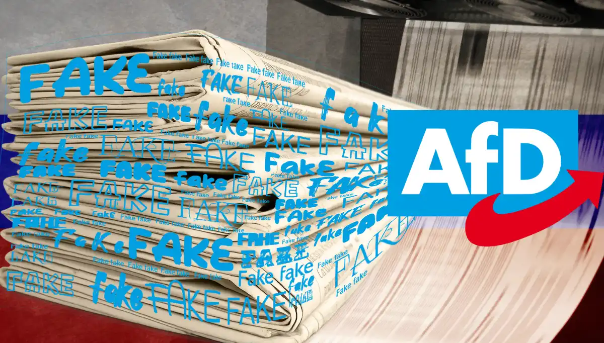 Zeitungsstapel mit FAKE-Schriftzügen, russische Flaggenfarben und AfD-Logo – Symbolbild russische Desinformationskampagne Matryoshka