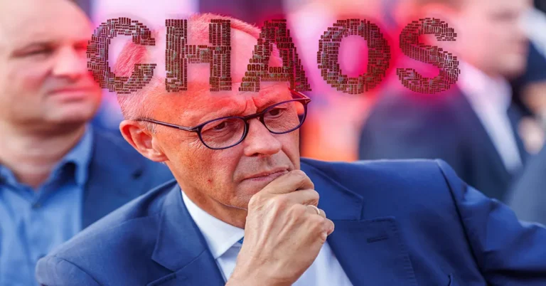 Friedrich Merz nachdenklich mit rotem CHAOS-Schriftzug als Overlay — Symbolbild zur Vertrauenskrise im Kabinett