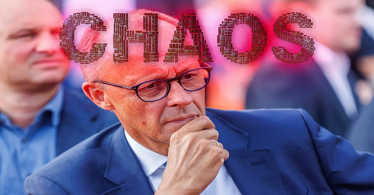 Friedrich Merz nachdenklich mit rotem CHAOS-Schriftzug als Overlay — Symbolbild zur Vertrauenskrise im Kabinett