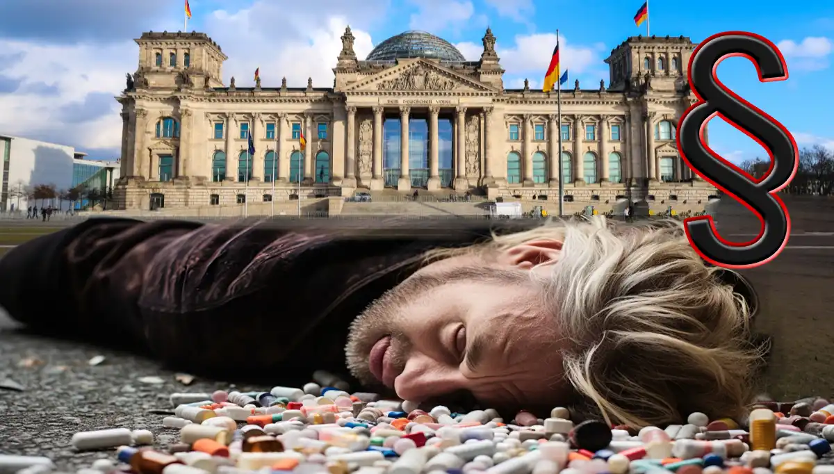 Reichstag Berlin, davor liegender Mann im Medikamentenchaos — Symbolbild Sozialreform