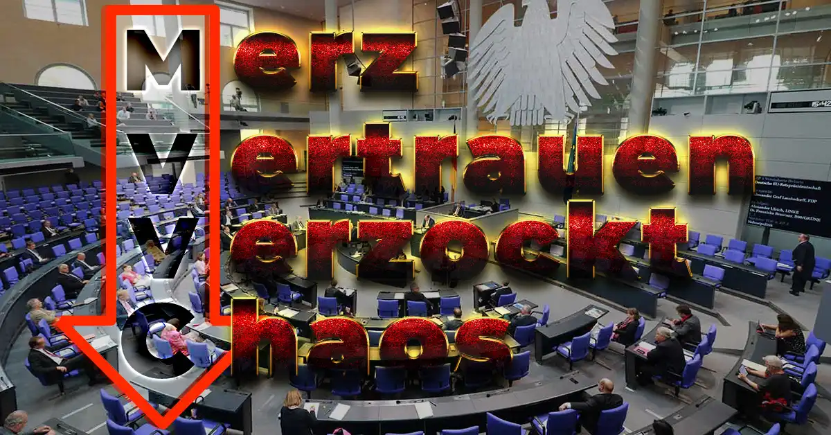 Bundestag-Plenarsaal mit rotem Schriftzug: Merz – Vertrauen – verzockt – Chaos, roter Pfeil nach unten