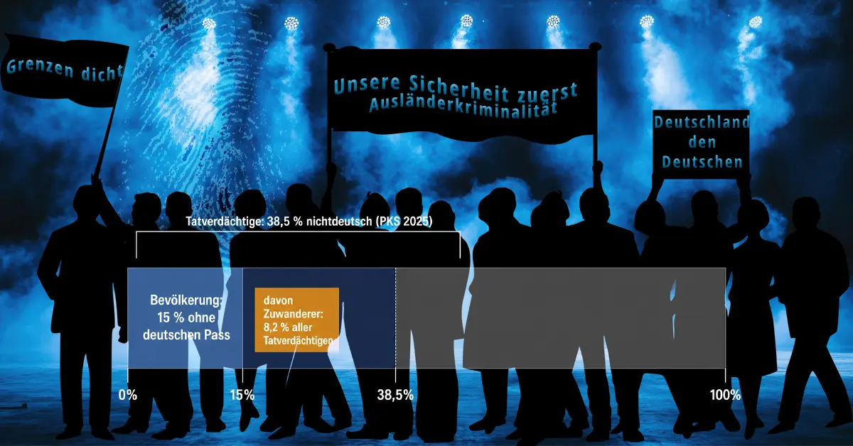 Infografik PKS 2025: 38,5% Tatverdächtige nichtdeutsch, aber nur 8,2% aller Tatverdächtigen sind Zuwanderer — vor AfD-Wahlkampf-Silhouetten mit Slogans