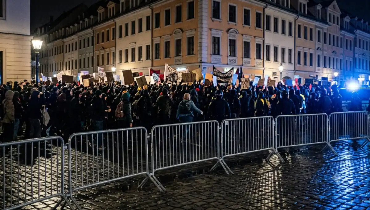 Demonstrationszug bei Nacht hinter Absperrgittern auf Kopfsteinpflaster, Blaulicht, europäische Stadtarchitektur – Symbol für Gegenproteste beim AfD-Parteitag Erfurt 2026