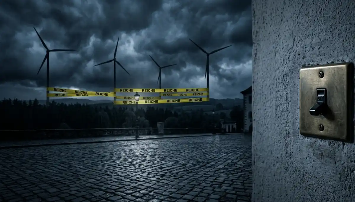 Symbolbild: Windräder mit gelbem Absperrband „REICHE" blockiert, Lichtschalter auf OFF – EEG-Stillstand 2026