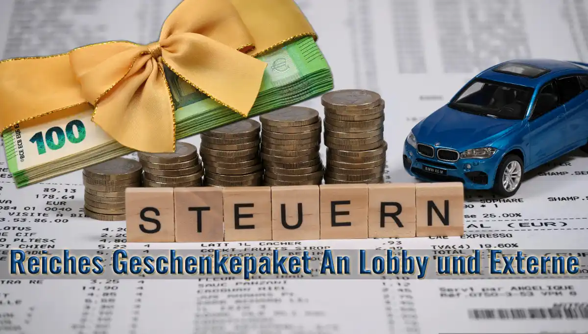 Symbolbild: Münzstapel, Euro-Scheine mit Schleife und BMW-Modell auf Kassenbon – Reiches Geschenkpaket an Lobby und Externe