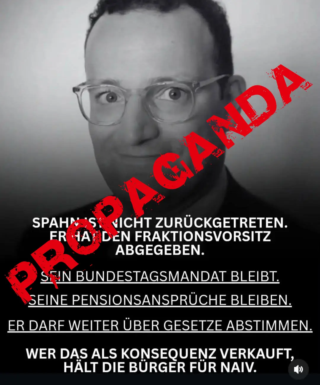 Viraler Spahn-Post mit rotem Propaganda-Stempel als Faktencheck-Illustration