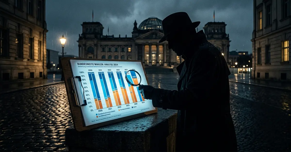 Detektivfigur mit Lupe untersucht Balkendiagramm, dunkle politische Atmosphäre, europäische Architektur