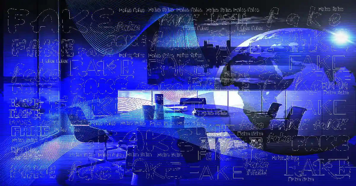 Symbolbild Desinformation: blaues FAKE-Chaos-Bild mit überlagerten Fake-Schriftzügen