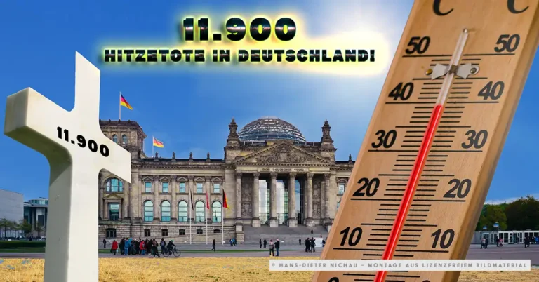 Grabkreuz mit der Zahl 11.900 vor dem Reichstag, daneben Thermometer über 40 Grad – Hitzetote Deutschland 2026