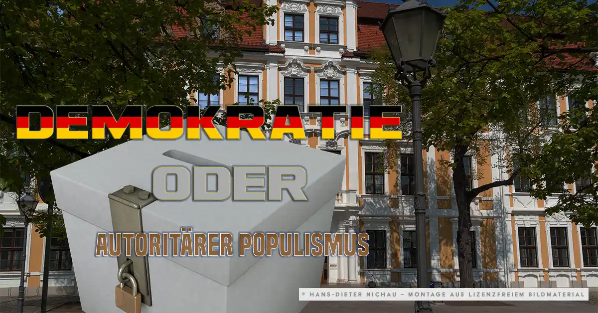 Verschlossene Wahlurne vor dem Landtag Sachsen-Anhalt — Demokratie oder autoritärer Populismus am 6. September 2026