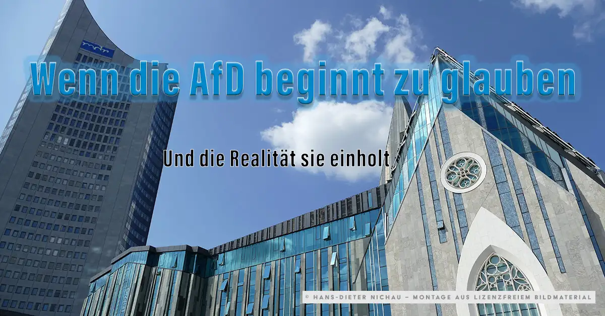 MDR-Hochhaus und Paulinum in Leipzig mit Text-Overlay