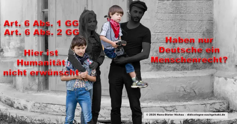 Familie vor einem Haus – Textoverlay: Art. 6 GG und die Frage „Haben nur Deutsche ein Menschenrecht?"