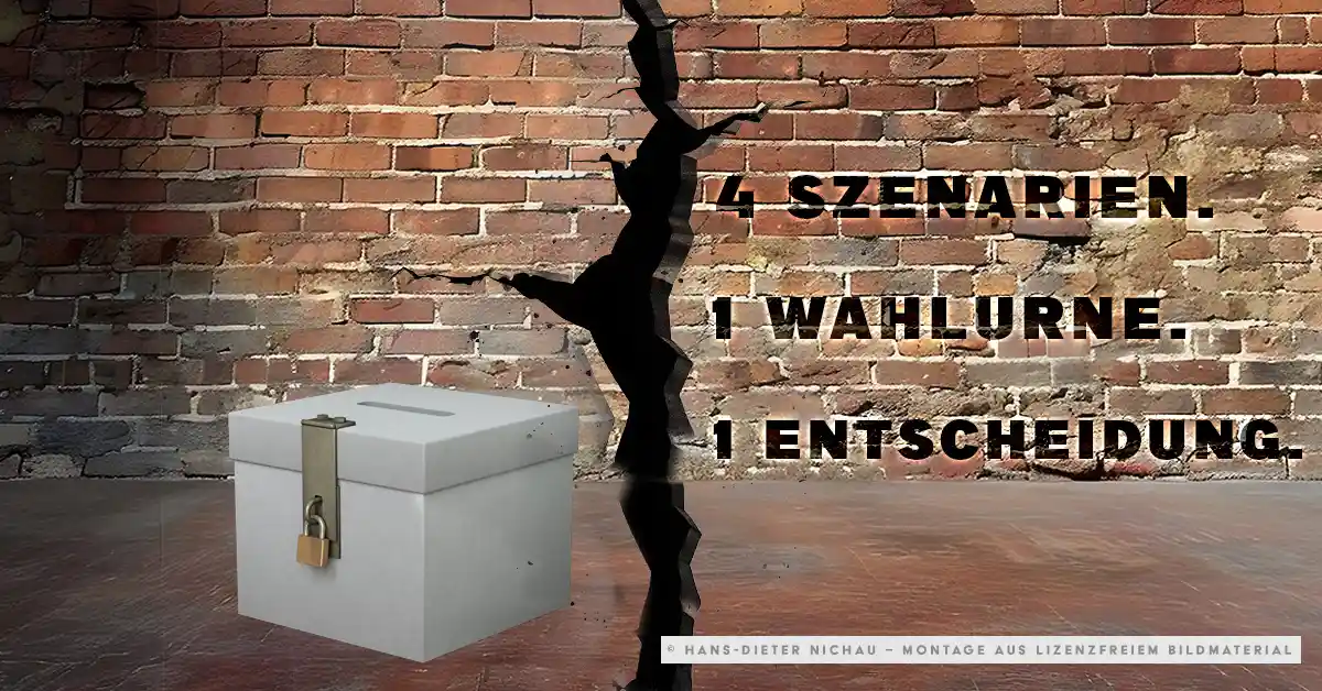 Wahlurne vor einer gerissenen Backsteinmauer mit dem Text: 4 Szenarien. 1 Wahlurne. 1 Entscheidung. — Symbolbild zur Landtagswahl Sachsen-Anhalt 2026