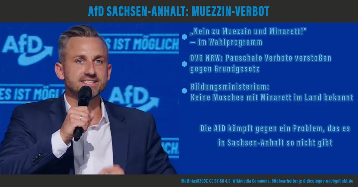 AfD Sachsen-Anhalt: Muezzin-Verbot — OVG NRW gegen Pauschalverbote, keine Moschee mit Minarett im Land bekannt