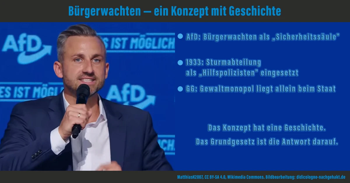 AfD Sachsen-Anhalt plant Bürgerwachten als Sicherheitssäule — hist. Vorbild: Sturmabteilung als Hilfspolizisten 1933; GG: Gewaltmonopol liegt beim Staat