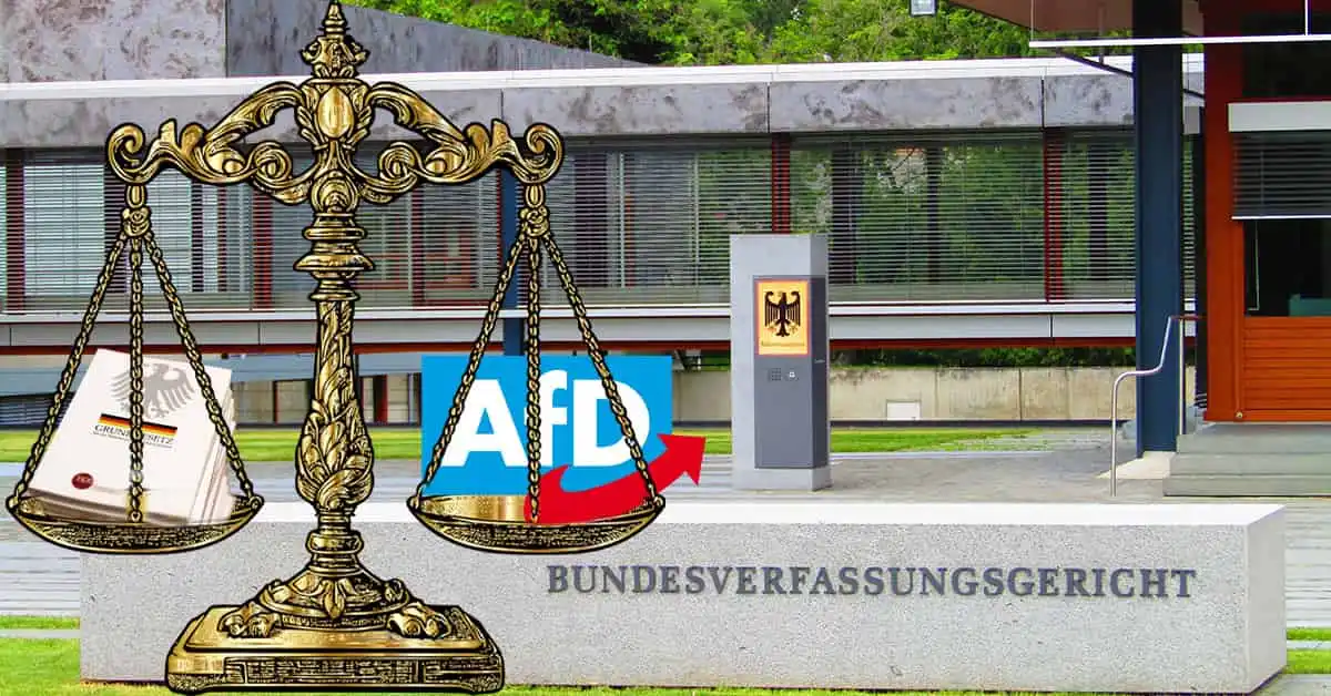 Goldene Waage vor dem Bundesverfassungsgericht – Grundgesetz auf einer Seite, AfD-Logo auf der anderen