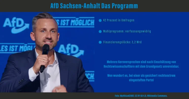 Ulrich Siegmund (AfD) am Mikrofon, dahinter AfD-Kulisse; rechts Kernbefunde: 42 Prozent, verfassungswidrig, 2,2 Mrd. Lücke
